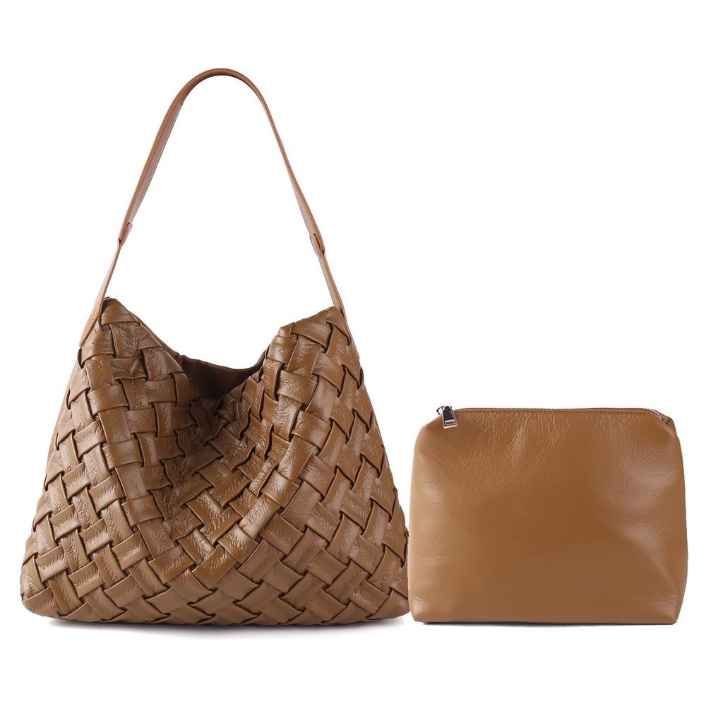 Woven Vegan Leather Boston Satchel Messenger Bag, Casual Shoulder Style